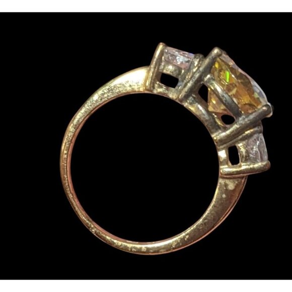 Brilliant Three Stone Sterling Silver Gold Tone Plated Engagement Ring Size 7 - Picture 4 of 16